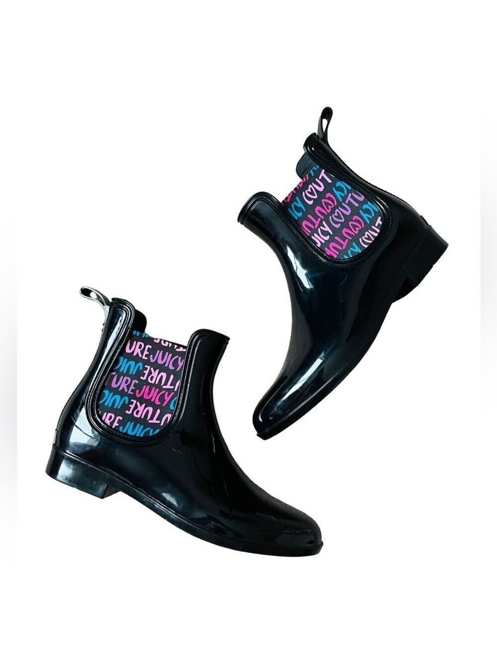 Juicy Couture Romance Black Glossy Rain Boots Waterproof Chelsea Style Logo NWOB - Picture 5 of 8
